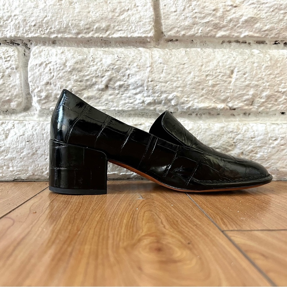 Vince Black Croc Embossed Loafers Block Heel